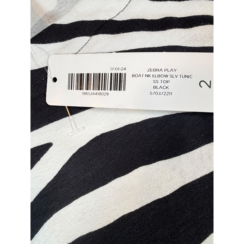 Chicos Weekends Zebra Play Boat Neck Elbow Sleeve Tunic Top Black White Sz 2 (L) - Picture 3 of 7